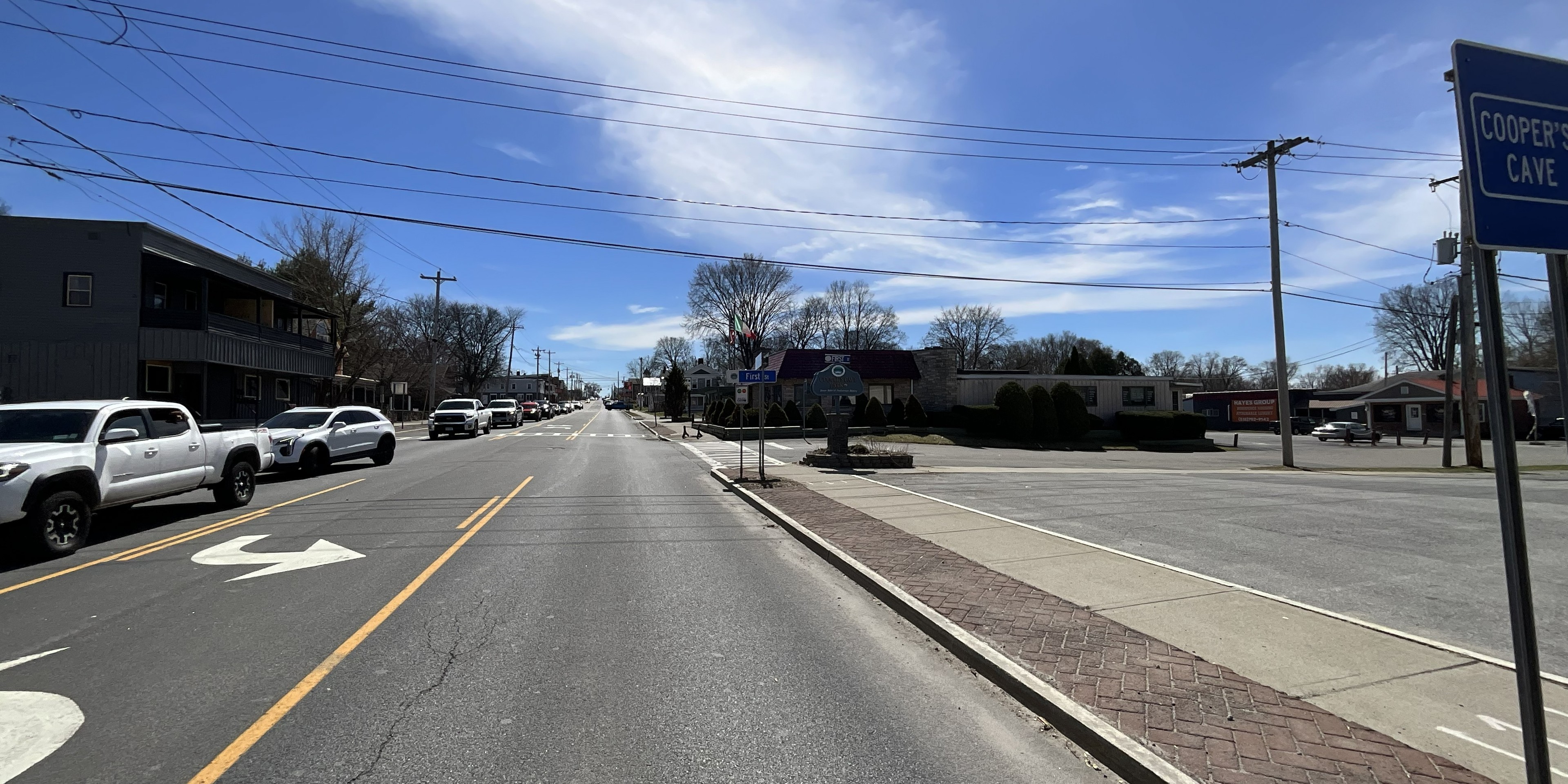 The approach to the right turn onto First Street